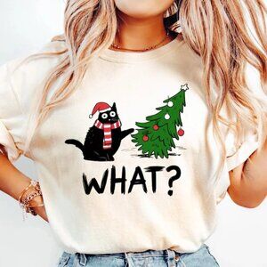 Funny Cat Christmas T-Shirt What? Christmas Tree Knocked Over Tee